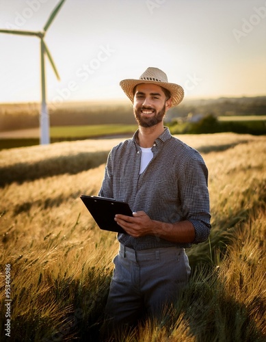 happy young farmer taking care of his business with renewable energy