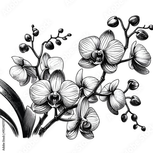 Illustrate a graceful orchid stem with several blossoms.