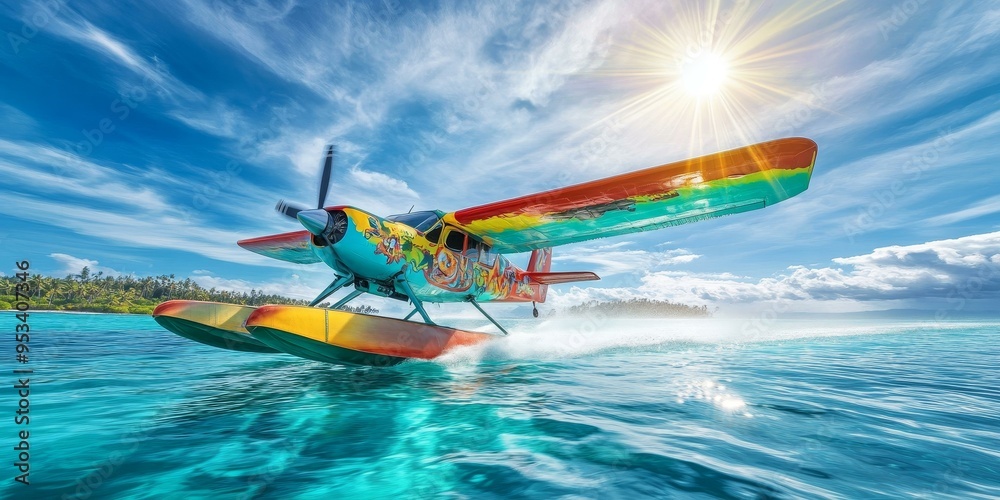 Colorful seaplane takes off over turquoise water.