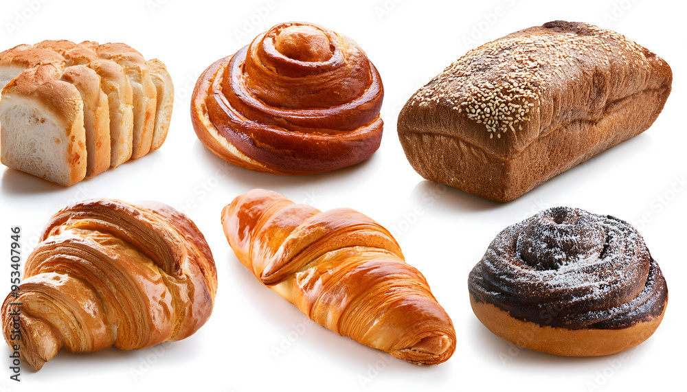 Fototapeta premium set of collection of different tasly fresh bakery snacs items isolated