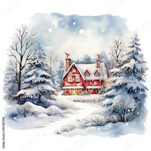 A red house with a chimney and a red roof sits in a snowy landscape. The house is surrounded by trees and there is a fence in front of it. The scene is a wintery, cozy and peaceful setting