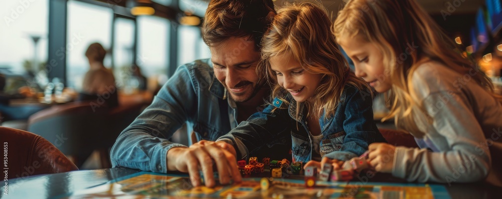 Obraz premium Family bonding over a game in an airport lounge play area, airport, lounge, connection