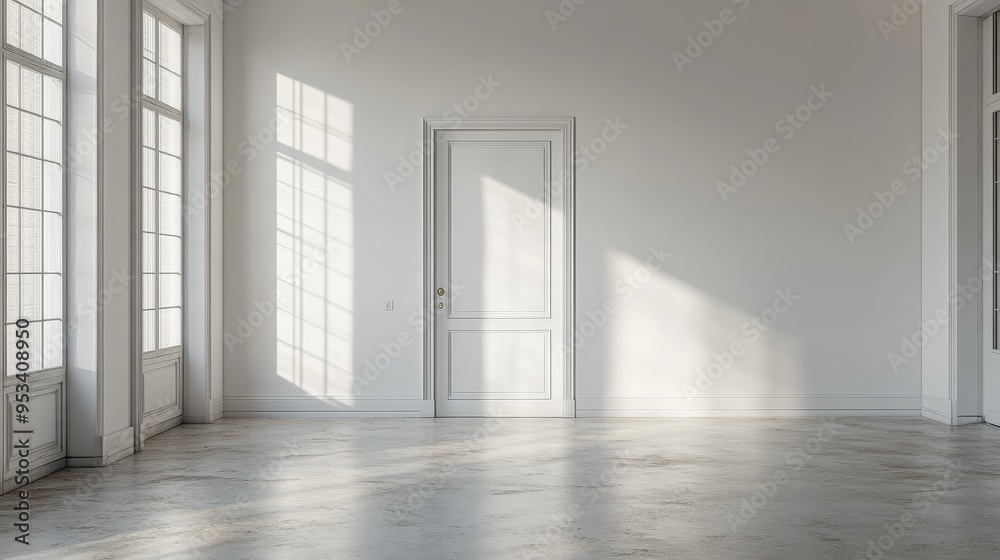 Fototapeta premium Closed White Door in Minimalistic Room, Featuring Clean Lines and Simple Design, Perfect for Modern Interior Concepts, Privacy, and Tranquility Themes.