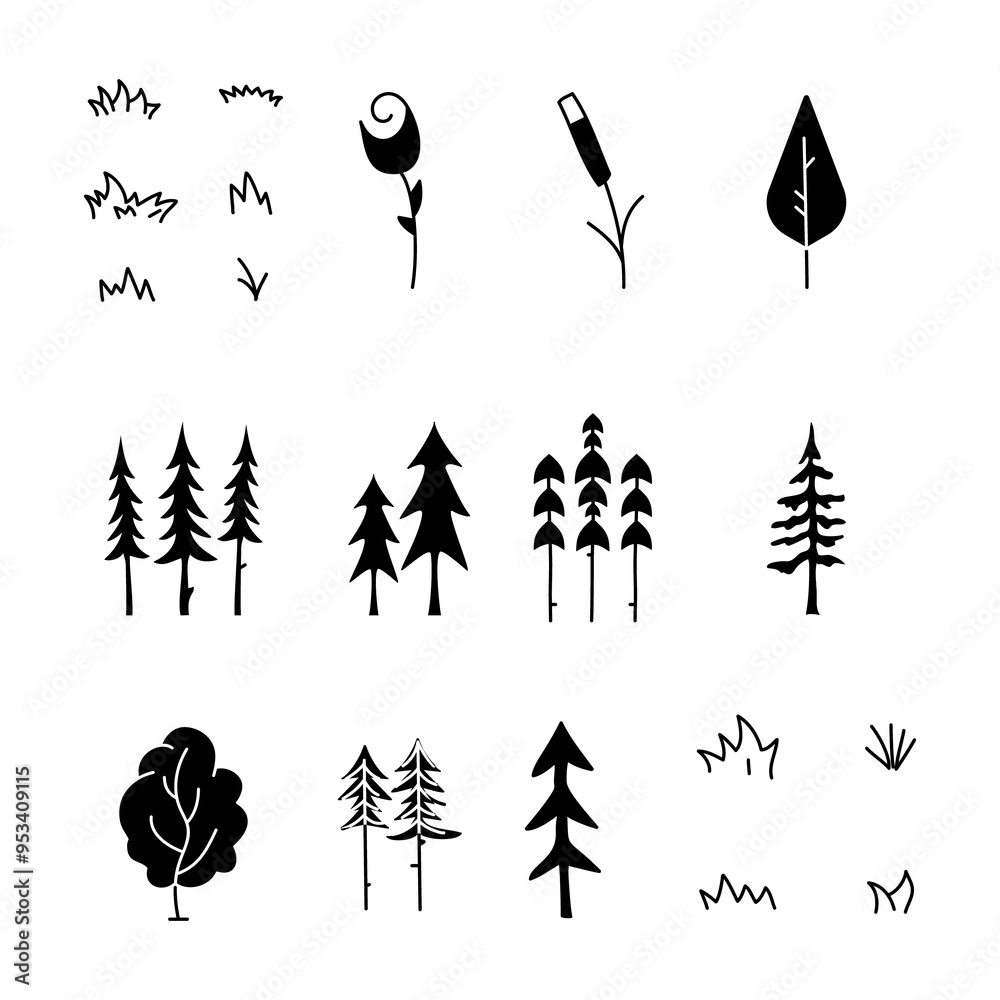 Simple silhouette tree icons collection. Line art trees. Stock linear nature symbols set Simple silhouette tree icons collection. Line art trees. Stock linear nature symbols set