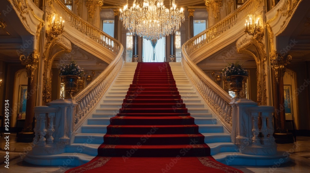 Obraz premium A grand staircase in an opulent mansion, with a red carpet running down the middle and crystal chandeliers hanging above.