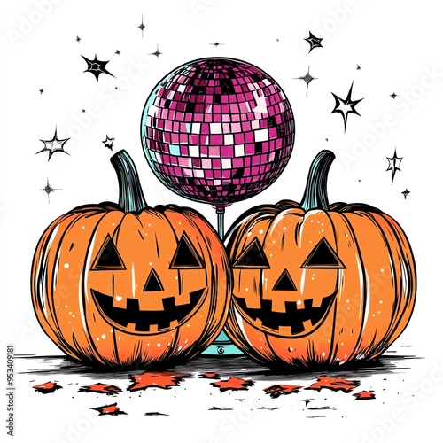 A 70s-style Halloween party flyer, disco ball and pumpkins, bold retro colors, isolated on white background