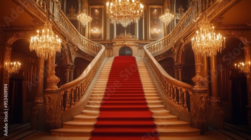 A grand staircase in an opulent mansion, with a red carpet running down the middle and crystal chandeliers hanging above.