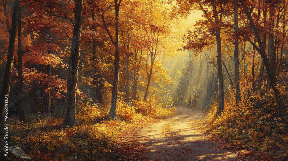 Enchanting Autumn Forest with Sunlight Illuminating Golden and Crimson Leaves Along a Winding Path Enchanting Autumn Forest with Sunlight Illuminating Golden and Crimson Leaves Along a Winding Path