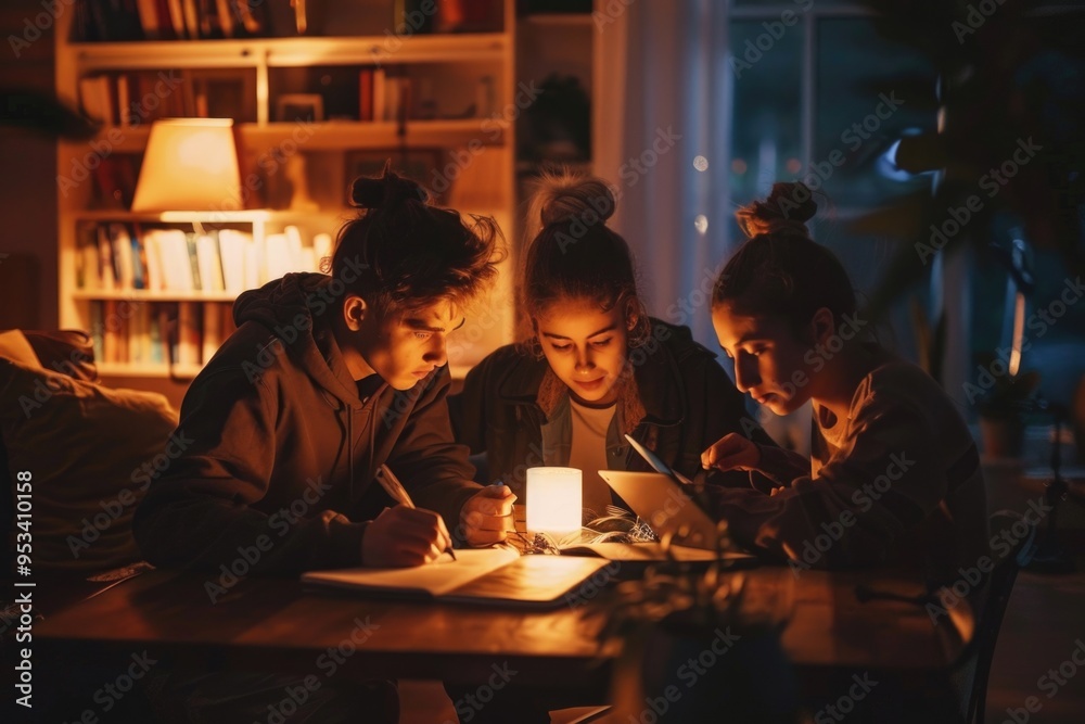 A group of people gathered around a table, focused on their tablets A group of people gathered around a table, focused on their tablets