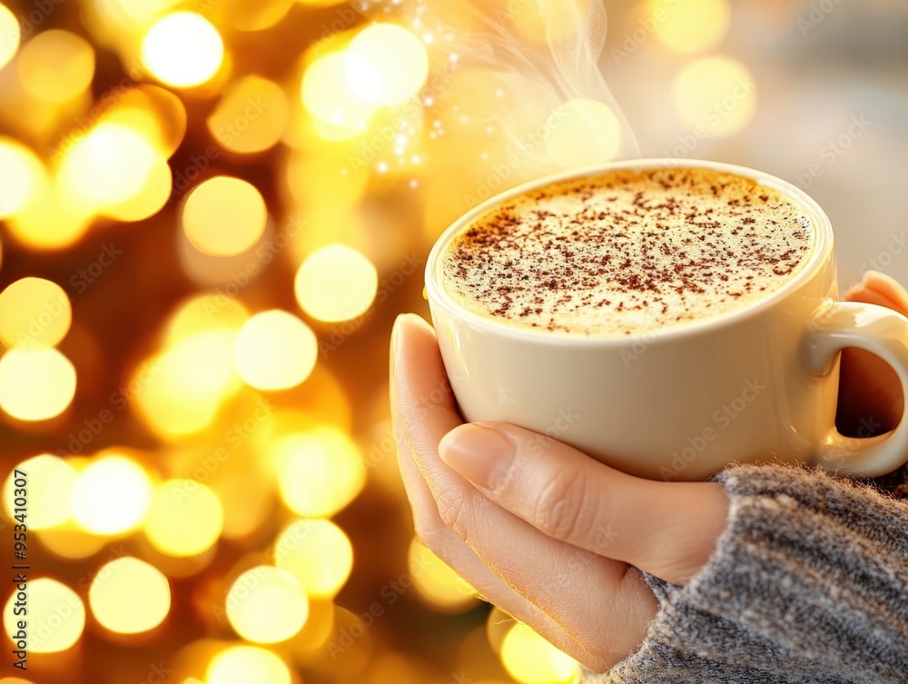 Cozy Holiday Vibes - Person Holding Coffee Mug with Christmas Tree and Twinkling Lights in Background