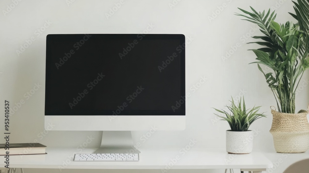 A minimalist desk with a computer monitor, a keyboard, and a potted plant, creating a clean, productive workspace. A minimalist desk with a computer monitor, a keyboard, and a potted plant, creating a clean, productive workspace.