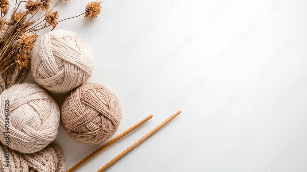 Serene Minimalistic Boho Design with Three Balls of Yarn in Neutral Shades, Knitting Needles, and Dried Flowers on Bright Surface, Showcasing Calm and Craftsmanship in Trending Style Serene Minimalistic Boho Design with Three Balls of Yarn in Neutral Shades, Knitting Needles, and Dried Flowers on Bright Surface, Showcasing Calm and Craftsmanship in Trending Style