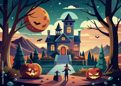A Halloween scene with a castle and a graveyard. The castle is surrounded by trees and there are pumpkins with scary faces on them. Scene is spooky and eerie