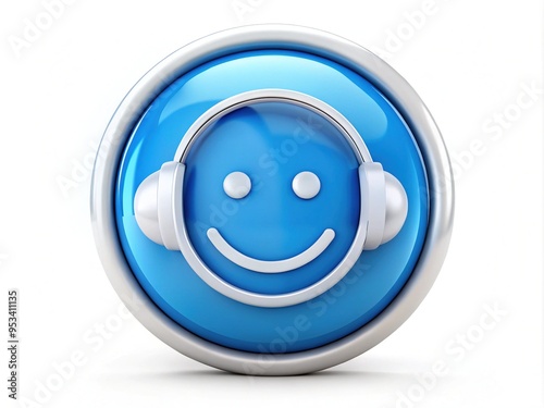 Stylized blue and white round icon featuring a smiling face and a headphone, symbolizing helpful assistance and support in a modern digital environment.