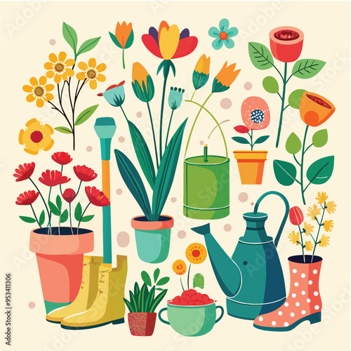 Botanical garden tools with spring flowers and plants, vector illustration photo