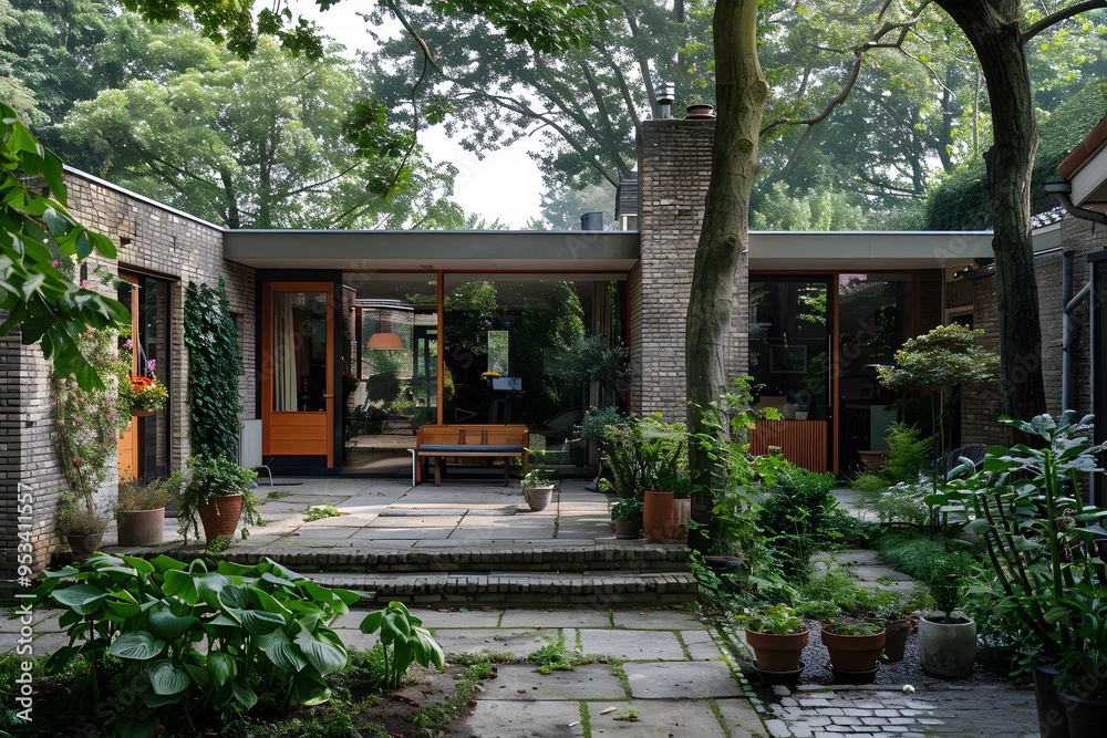 A beautiful house in the Netherlands, with a garden and patio area. The front of it is seen from outside. It has a small entrance door on one side of its brick wall facade. A beautiful house in the Netherlands, with a garden and patio area. The front of it is seen from outside. It has a small entrance door on one side of its brick wall facade.