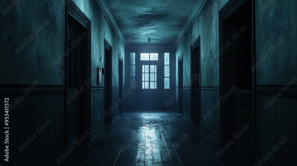 A mysterious, dimly lit hallway with multiple doors, each slightly ajar, creating a sense of intrigue and anticipation. A mysterious, dimly lit hallway with multiple doors, each slightly ajar, creating a sense of intrigue and anticipation.