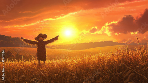 Whimsical Scarecrow in Cornfield at Sunset with Rolling Hills - Illustrated Fantasy Landscape