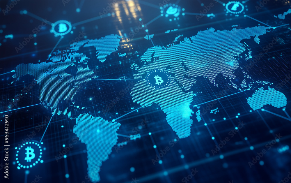 A blue digital background featuring a world map with interconnected Bitcoin symbols, representing the global spread of blockchain technology A blue digital background featuring a world map with interconnected Bitcoin symbols, representing the global spread of blockchain technology