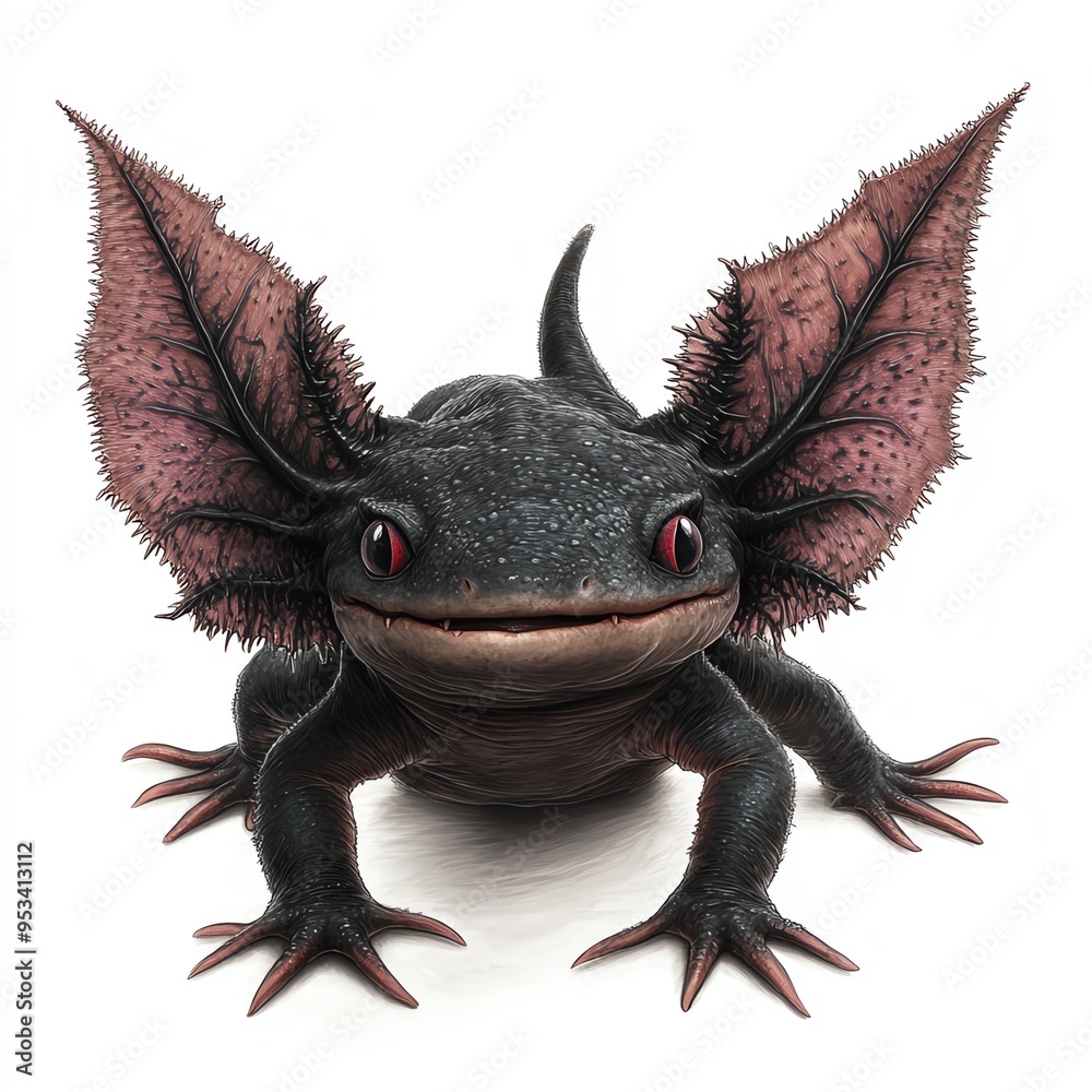 Fototapeta premium An axolotl with bat-shaped gills, Halloween theme, dark and mysterious, isolated on white background
