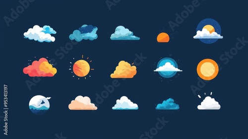 Minimalist Flat Icons of Various Cloud Types and Atmospheric Conditions for Meteorology Concepts