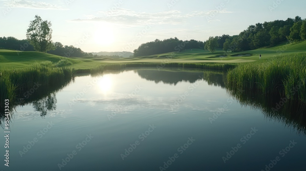 Tranquil Golf Course Landscape with Solo Golfer by High-Resolution Lake in 8K Detail, Generative Ai Tranquil Golf Course Landscape with Solo Golfer by High-Resolution Lake in 8K Detail, Generative Ai