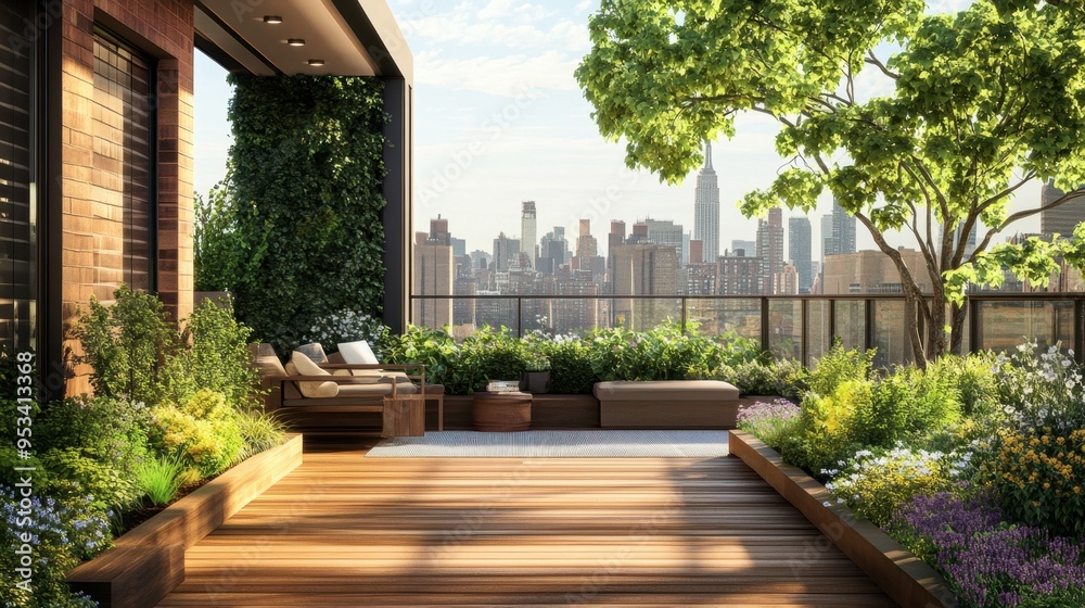 Obraz premium A rooftop garden in an urban setting, with lush greenery, wooden decking, and a cozy seating area overlooking the city skyline. 1