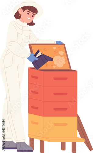 Woman take honey from beehive. Apiary work character