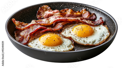 Delicious Breakfast: Crispy Bacon and Sunny Side Up Eggs in Black Skillet Isolated on Transparent Background