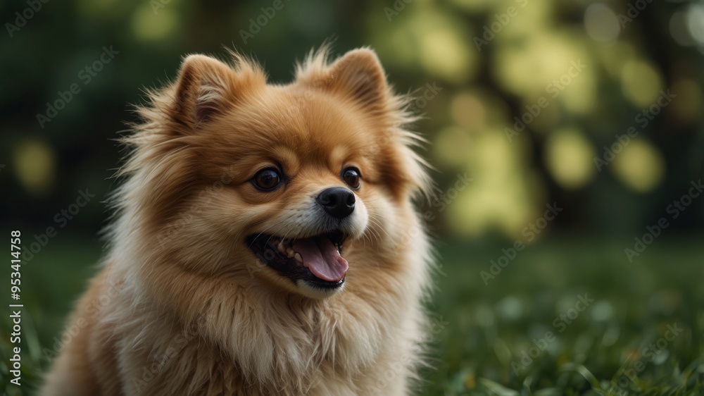 Happy Pomeranian Dog in a Green Field Happy Pomeranian Dog in a Green Field