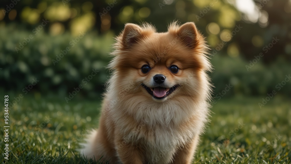 Smiling Pomeranian Dog in a Lush Green Meadow Smiling Pomeranian Dog in a Lush Green Meadow