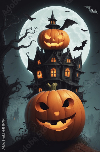 Two smiling halloween pumpkins are lighting a spooky haunted house under the full moon