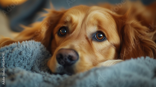 Golden retriever dog relaxing at home, lying on a soft cozy blanket