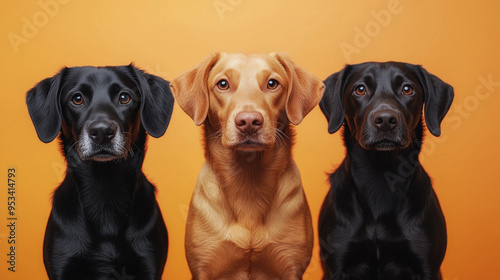 Two black labs and a yellow lab posing on an orange background