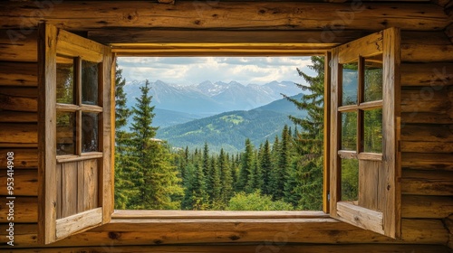 A rustic wooden cabin in the mountains, with a large window framing a panoramic view of the surrounding pine forest.
