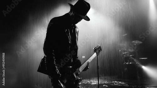 Black and white image of a guitarist playing on stage under heavy rain during a concert