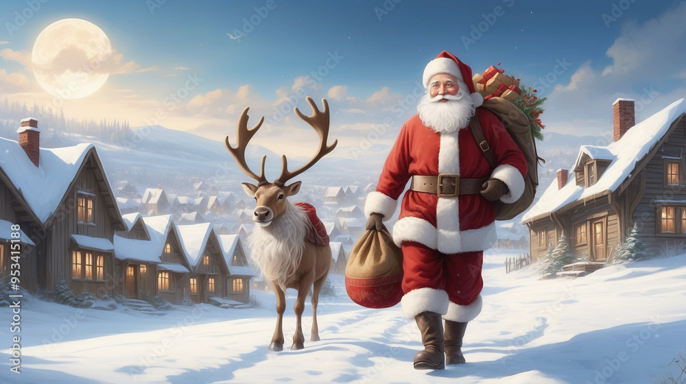 Fototapeta premium Santa claus carrying gifts and walking through a snow covered village with his reindeer at night