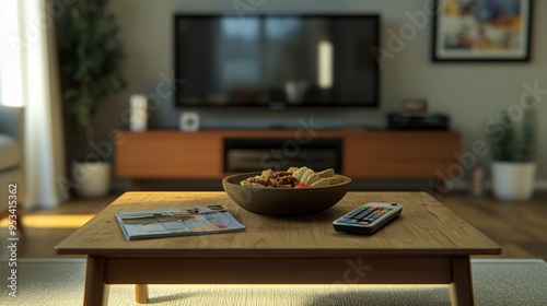 A small coffee table in a living room, topped with a remote control, a bowl of snacks, and a magazine, with a TV in the background.