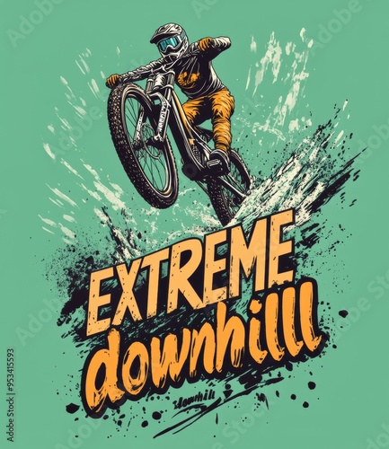 Dynamic illustration of a mountain biker performing a jump, with 
