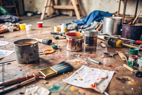 Artistic Chaos: A Painter's Workshop. This image captures the essence of an artist's creative process, showcasing a cluttered workshop brimming with paint splatters, brushes.  photo