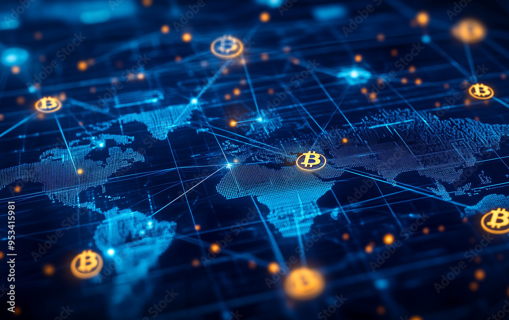 A blue digital background featuring a world map with interconnected Bitcoin symbols, representing the global spread of blockchain technology A blue digital background featuring a world map with interconnected Bitcoin symbols, representing the global spread of blockchain technology