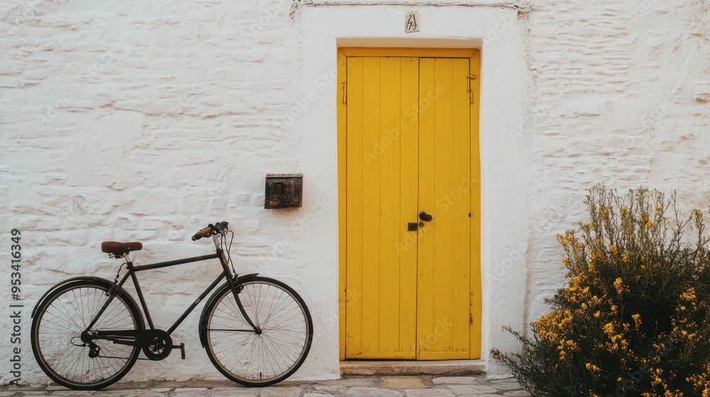 A vibrant yellow door on a whitewashed house, with a bicycle leaning against the wall, capturing a sunny, carefree day. A vibrant yellow door on a whitewashed house, with a bicycle leaning against the wall, capturing a sunny, carefree day.