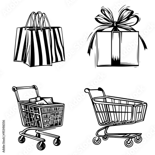 Shopping Spree Black and White Vector Art of Bags, Gift, and Carts for Retail and Holiday Season