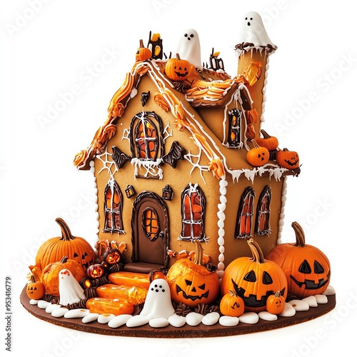 A haunted gingerbread house, Halloween theme, decorated with candy pumpkins and ghosts, isolated on white background photo