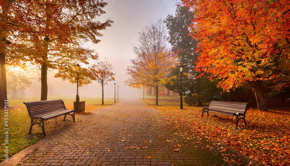 A park with two benches and trees with leaves on the ground. The leaves are orange and the sky is cloudy A park with two benches and trees with leaves on the ground. The leaves are orange and the sky is cloudy