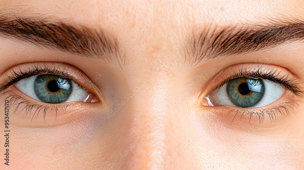 Obraz premium Close-up of captivating green eyes, showcasing natural beauty, sharp detail, and a sense of serenity and wonder.