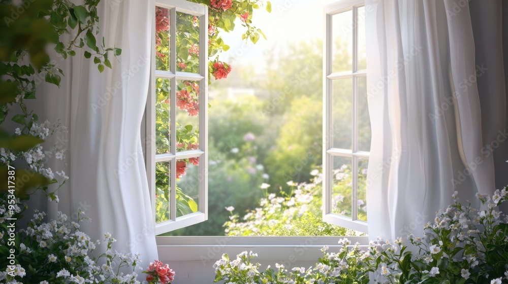 An open window with white curtains gently blowing in the breeze, revealing a view of a blooming flower garden outside.