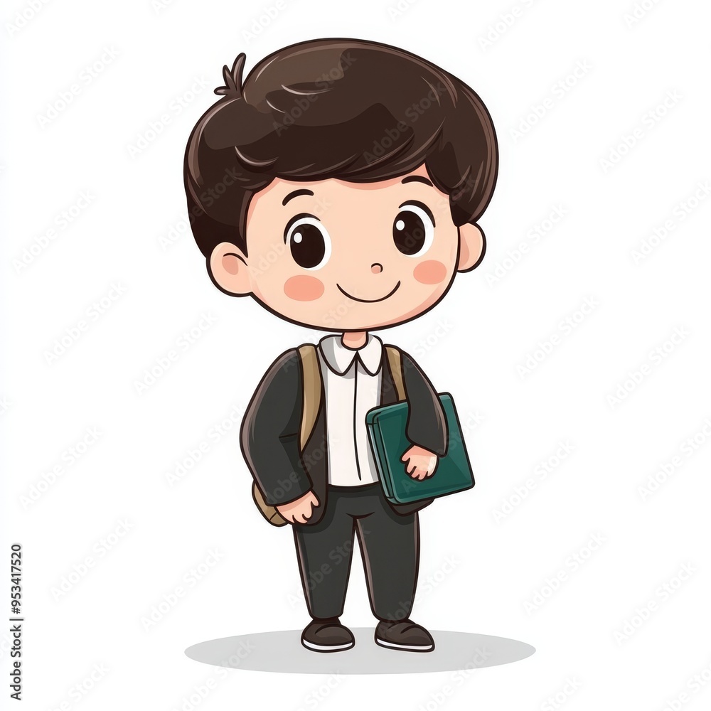 Cute cartoon school boy in a black suit with a backpack and notebook on a white background Cute cartoon school boy in a black suit with a backpack and notebook on a white background