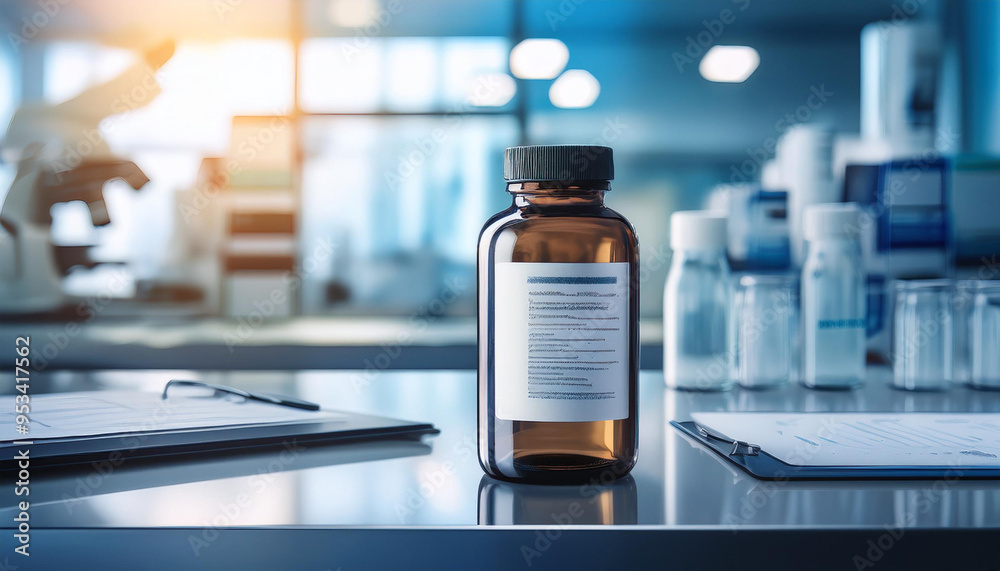 A bottle of medicine sits on a table in a lab. The bottle is labeled with a name and a number. The lab is filled with various scientific equipment and bottles A bottle of medicine sits on a table in a lab. The bottle is labeled with a name and a number. The lab is filled with various scientific equipment and bottles