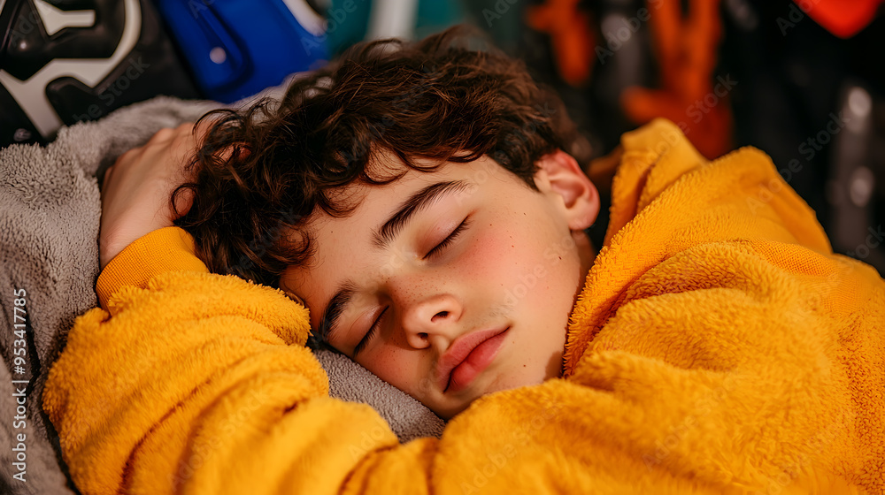 A peaceful child sleeping in a cozy yellow hoodie, surrounded by soft textures in a warm, comforting environment.